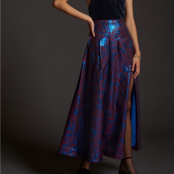Anthropologie Maeve Pleated Shimmer Maxi Full Skirt Pleated Blue & Burgundy NEW - Picture 6 of 11